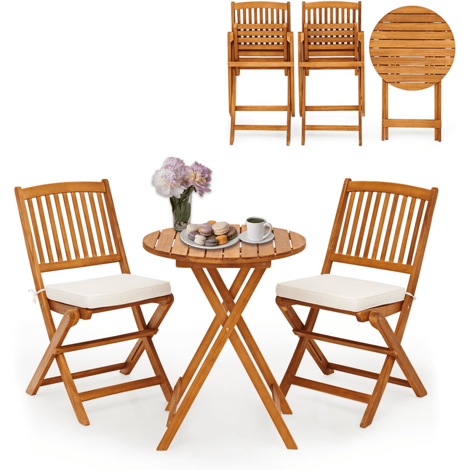 Bistro Table and Chairs Acacia Wood Folding Bistro Table Chairs Set with Round Coffee Table ...