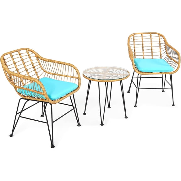 Bistro Table and Chairs, Balcony Furniture Patio Conversation Set w/2 Cushioned Acapulco Wicker Chairs & Tempered Glass Table, Bistro Set 3 Piece Outdoor Indoor (Turquoise)