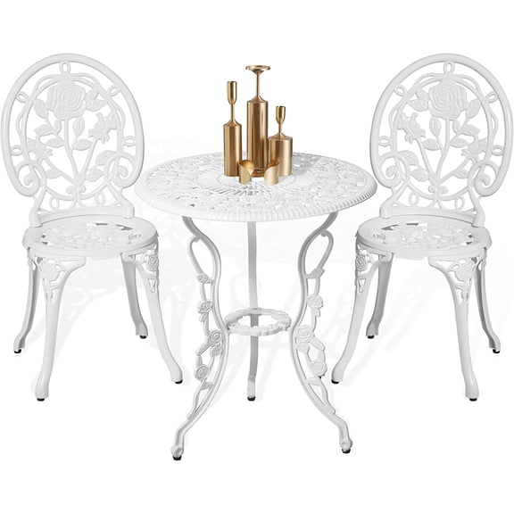Bistro Table and Chairs Set of 2 Outdoor 3 Piece Patio Set, Rose Pattern Cast Aluminum Bistro for Garden Balcony, Durable Rust All-Weather Resistance, Rose White