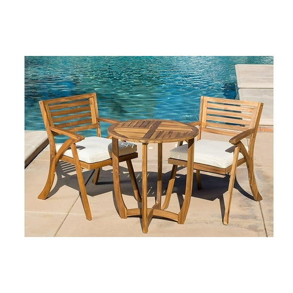 Bistro Table and Chairs Set of 3, Outdoor Chairs Sets of 3, Wood Chairs Sets with 2 Cushions and Round Coffee Table, Ideal for Indoor Patio Poolside Garden, 400lbs Capacity