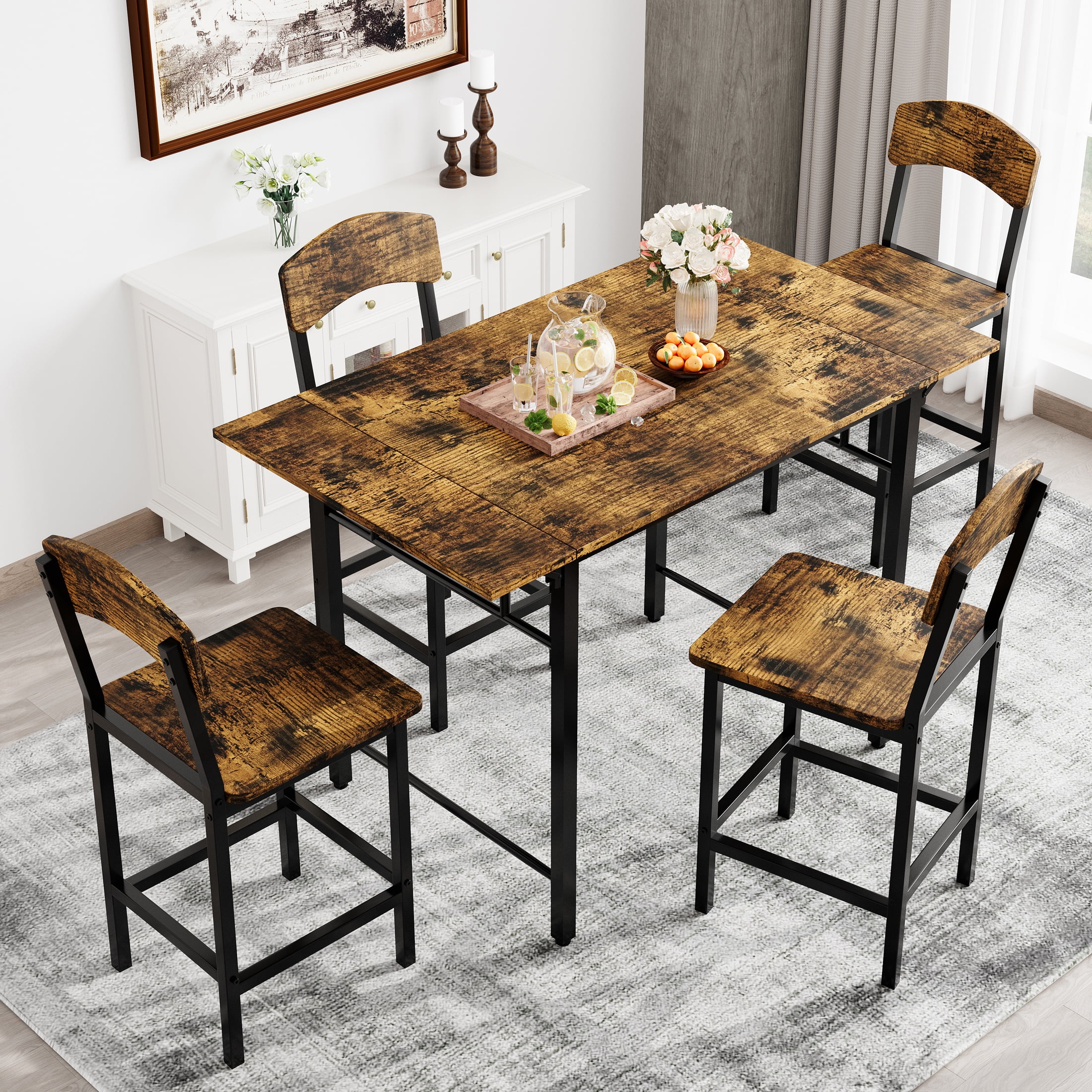 Dining Room Table Set for 4, Counter Height Dining Set with Drop Leaf Kitchen Table and 4 Chairs, Compact Bistro Table Set for Kitchen Pub Living Dining Room Table Set for 4, Counter Height Dining Set with Drop Leaf Kitchen Table and 4 Chairs, Compact Bistro Table Set for Kitchen Pub Living