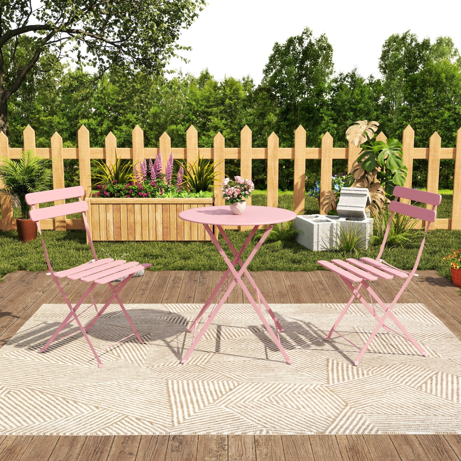 Bistro Table and Chairs Set for 2, 3 Piece Outdoor Patio Bistro Set with Folding Table and 2 Cushioned Chairs, Rust-Resistant Frame, Pink