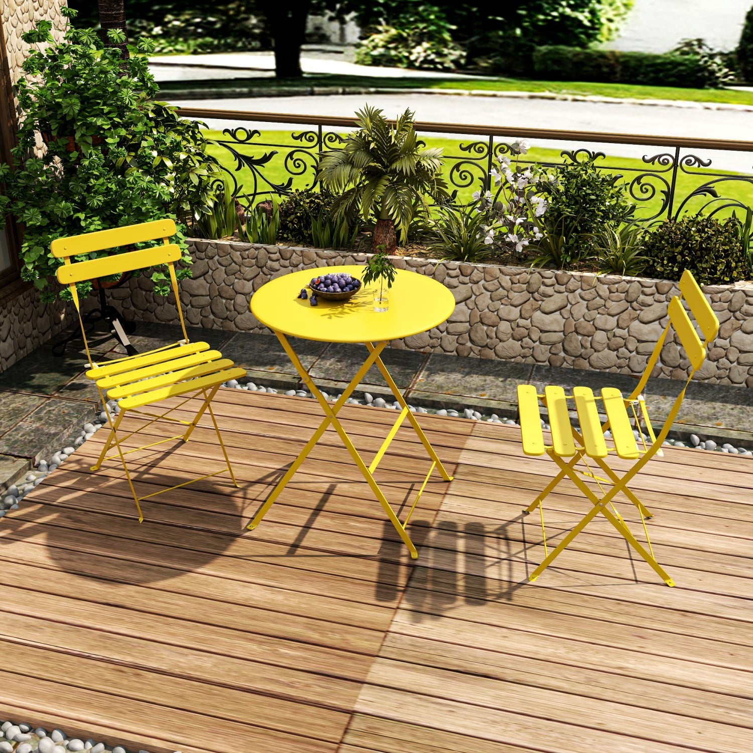 Bistro Table and Chairs Set for 2, 3 Piece Outdoor Patio Bistro Set with Folding Table and 2 Cushioned Chairs, Rust-Resistant Frame, Yellow