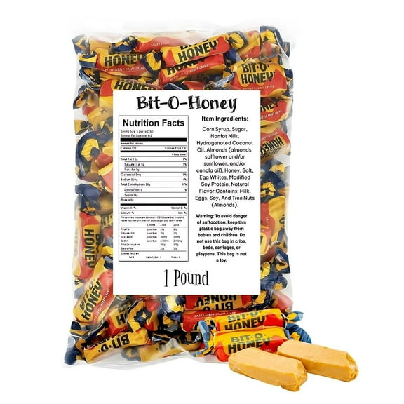Bit-O-Honey Individually Wrapped Chewy Candy - 1 Pound Bag - Honey Flavored Taffy With Almond Bits