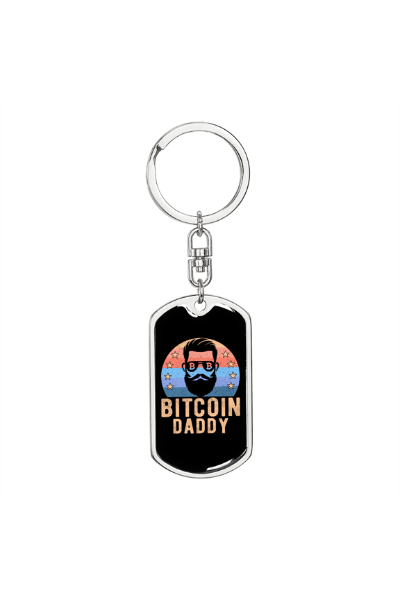 Bitcoin Bearded Daddy Crypto Dog Tag Keychain Stainless Steel Silver Tone or Gold Tone
