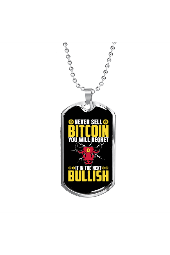 Bitcoin Bullish Crypto Dog Tag Necklace Stainless Steel 24" Chain Silver Tone or Gold Tone