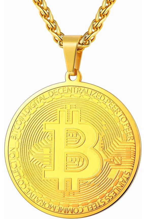 Bitcoin Chain for Men, Stainless Steel 18K Gold Plated Cryptocurrency Pendant BTC/Dollar Sign Coin Medal Necklace