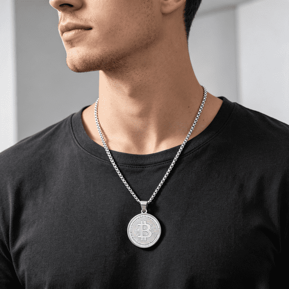Bitcoin Coin Collectible Art Motif Pendant Necklace For Men Women, 14K White Gold Filled Sleek Profile Classic Understated Craft Jewelry