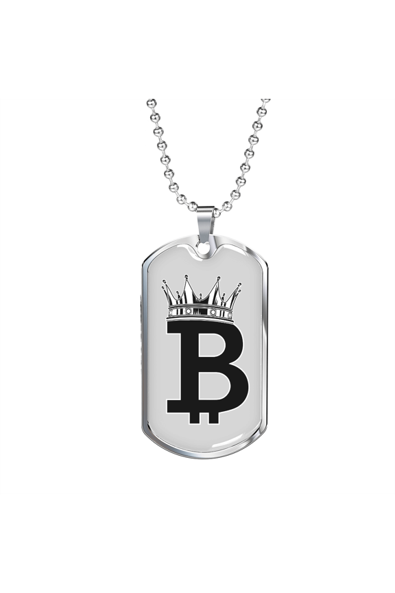 Bitcoin Crown Crypto Dog Tag Necklace Stainless Steel 24" Chain Silver Tone or Gold Tone