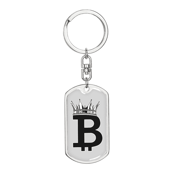 Bitcoin Crown Crypto Dog Tag Keychain Stainless Steel Silver Tone or Gold Tone