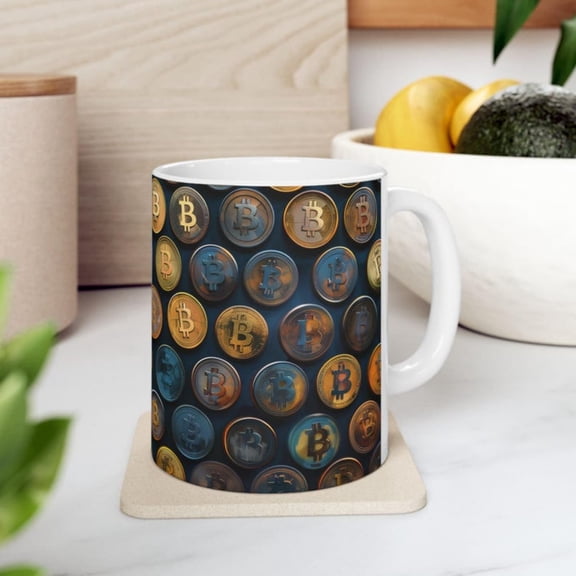Bitcoin Crypto Coins Art Mug, BTC Abstracryptocurrency Painting Cup, Defi Finance Blockchain Movet, Buy The Dip, Hodl Digital Money.