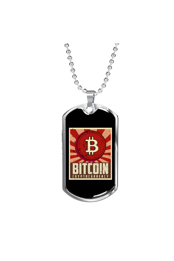 Bitcoin Cryptocurrency Crypto Dog Tag Necklace Stainless Steel 24" Chain Silver Tone or Gold Tone