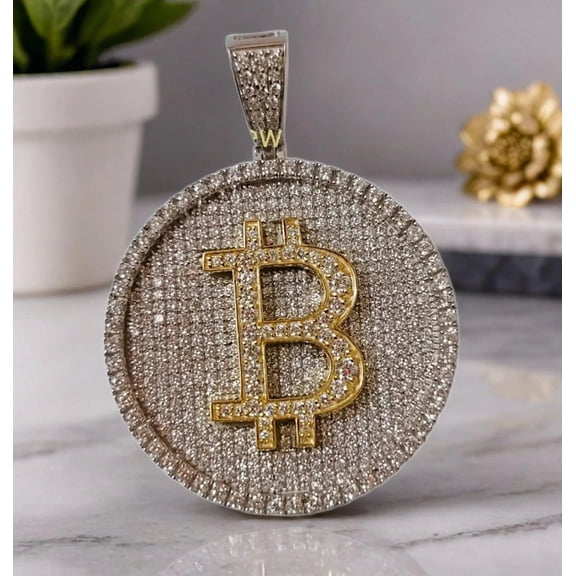 Bitcoin Cryptocurrency Pendant - 14k Yellow Gold Plated 925 Sterling Silver Charm - 2.2 Inch Height with Bail - Unique Crypto Jewelry Gift