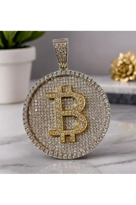 Bitcoin Cryptocurrency Pendant - 14k Yellow Gold Plated 925 Sterling Silver Charm - 2.2 Inch Height with Bail - Unique Crypto Jewelry Gift