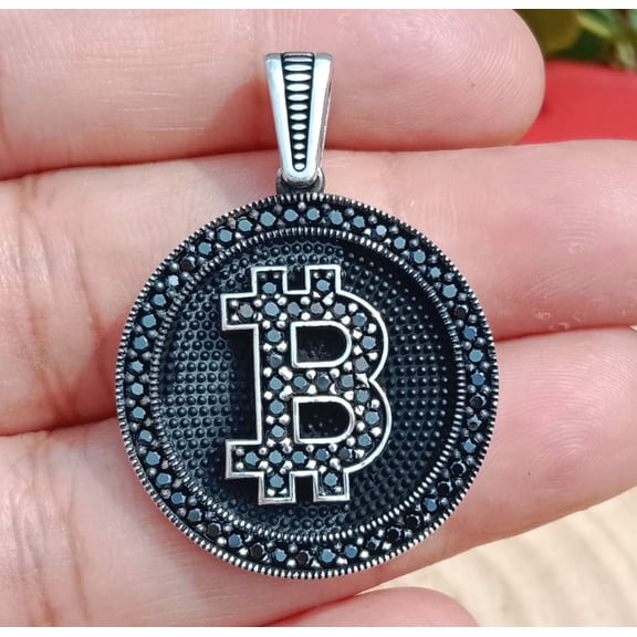 Bitcoin Design Mens Turkish Pendant Solid 925 Sterling Silver Stylish Viking Jewelry Unique Gift for Loved Ones