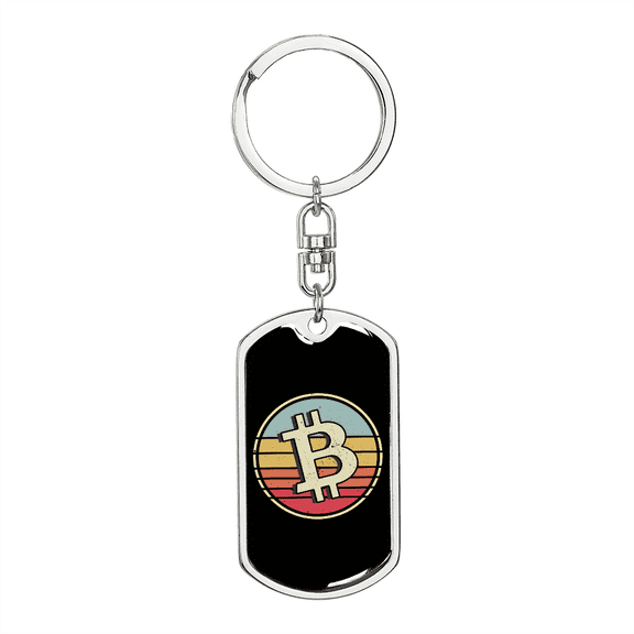 Bitcoin Dollar Crypto Dog Tag Keychain Stainless Steel Silver Tone or Gold Tone