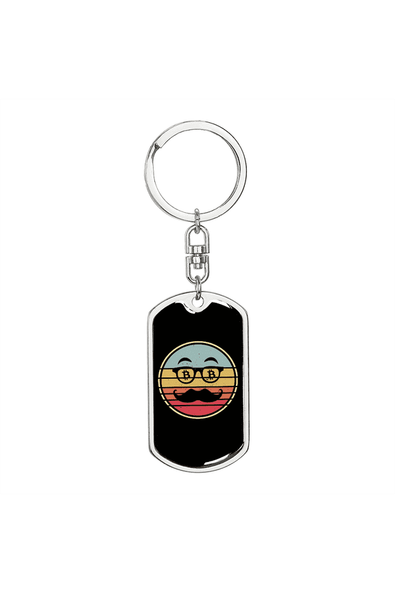 Bitcoin Dollar Glasses Crypto Dog Tag Keychain Stainless Steel Silver Tone or Gold Tone