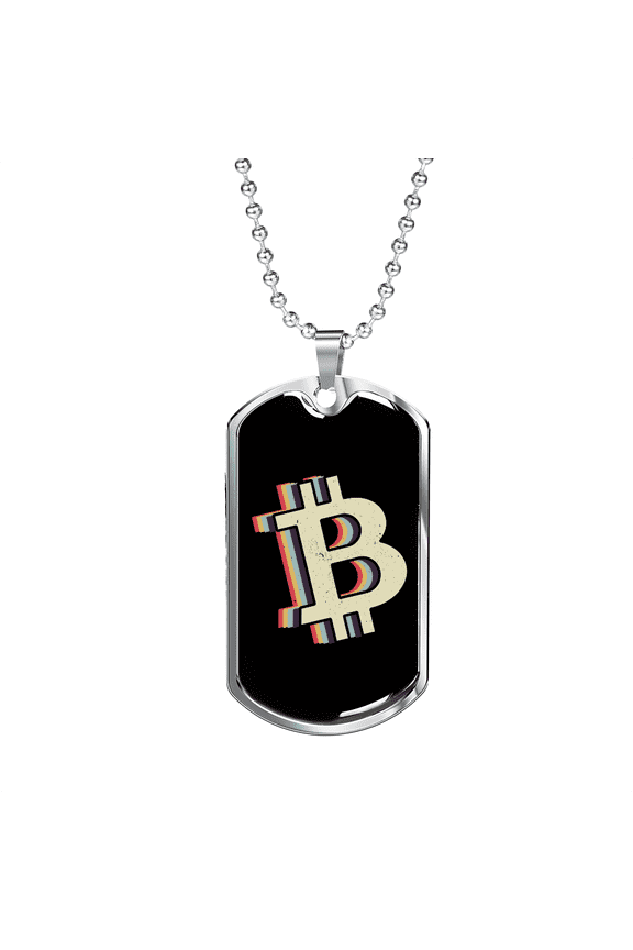 Bitcoin Dollar Sign Crypto Dog Tag Necklace Stainless Steel 24" Chain Silver Tone or Gold Tone