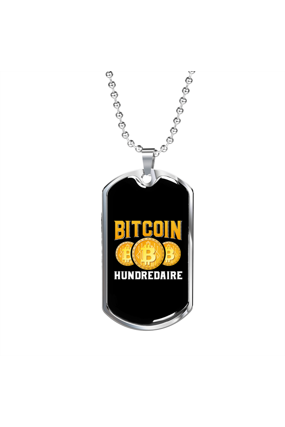 Bitcoin Hundredaire Crypto Dog Tag Necklace Stainless Steel 24" Chain Silver Tone or Gold Tone