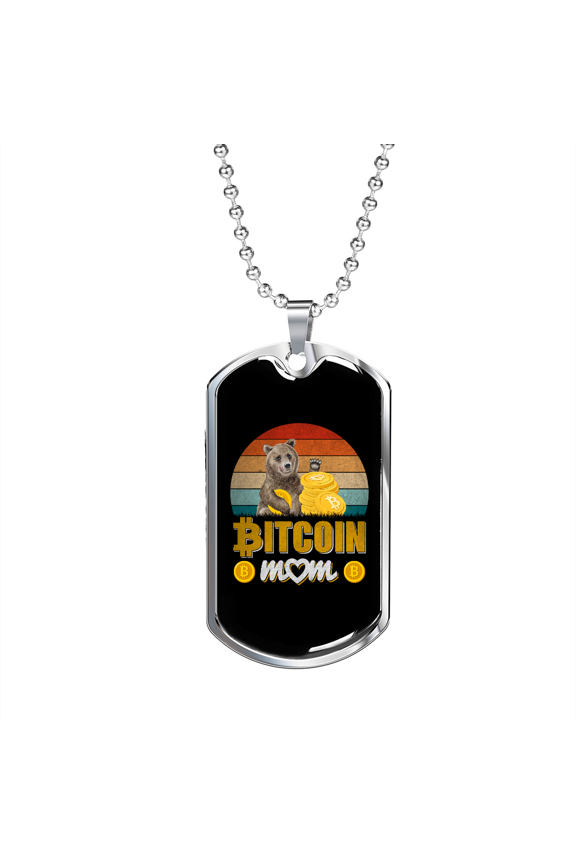 Bitcoin Mom Crypto Dog Tag Necklace Stainless Steel 24" Chain Silver Tone or Gold Tone