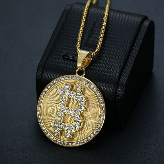Bitcoin Pendant Women Men 14K Yellow Gold Circle Bitcoin Pendant Necklace Bitcoin Charm Chain Female Male Gift