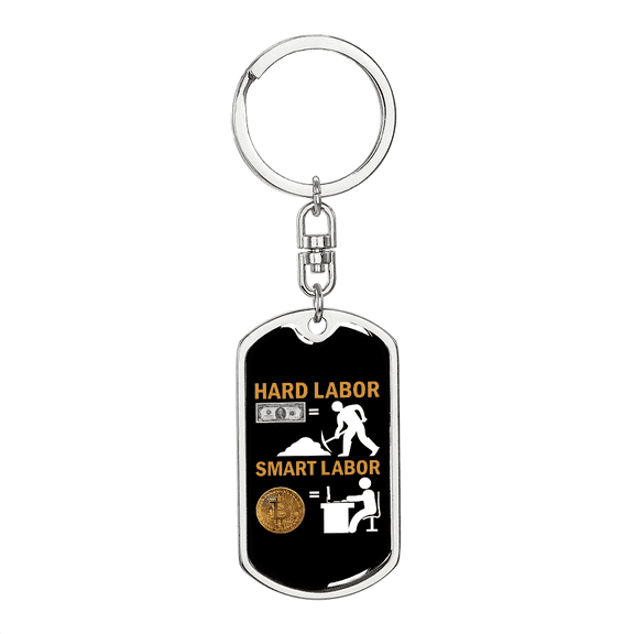 Bitcoin Smart Labor Crypto Dog Tag Keychain Stainless Steel Silver Tone or Gold Tone