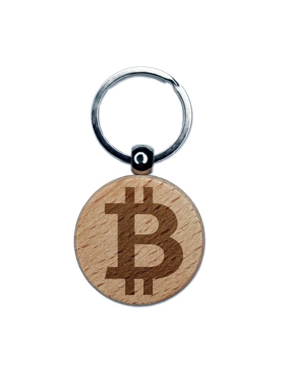 Bitcoin Symbol Cryptocurrency Money Round Keychain Charm Tag - Engraved Wood