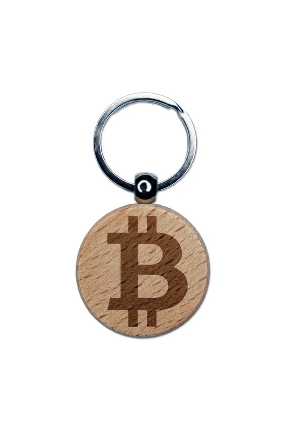 Bitcoin Symbol Cryptocurrency Money Round Keychain Charm Tag - Engraved Wood