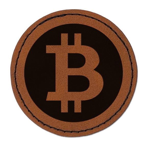 Bitcoin Symbol Inverted on Dark Background Cryptocurrency Money 2.5" Faux Leather Round Engraved Iron-On Patch - Brown