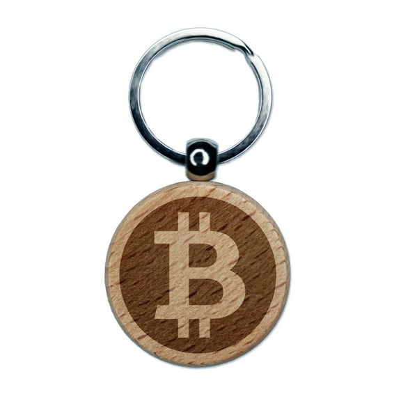 Bitcoin Symbol Inverted on Dark Background Cryptocurrency Money Round Keychain Charm Tag - Engraved Wood