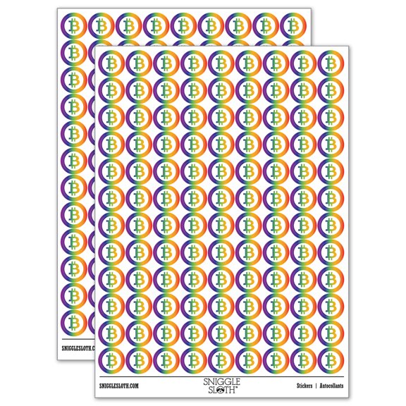 Bitcoin Symbol Inverted on Dark Background Cryptocurrency Money Round Sticker Set - Rainbow - Matte Finish - 0.50" Size