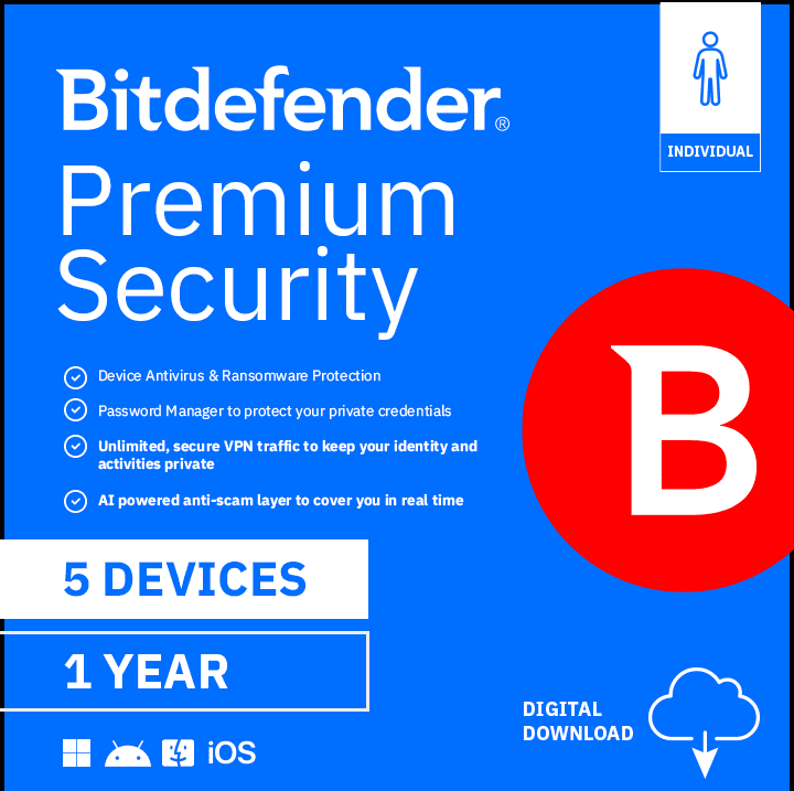 Bitdefender Premium Security Individual for Windows & Mac, 5 Devices, 1 Year (Digital Download)