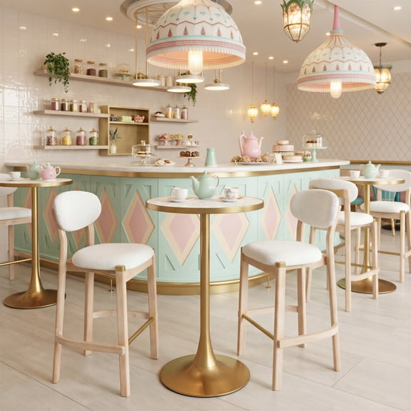 Bite Bar Table Beige & Gold Bar Table, Modern Style, Faux Terrazzo MDF round shape tabletop, Steel, Indoor Bar