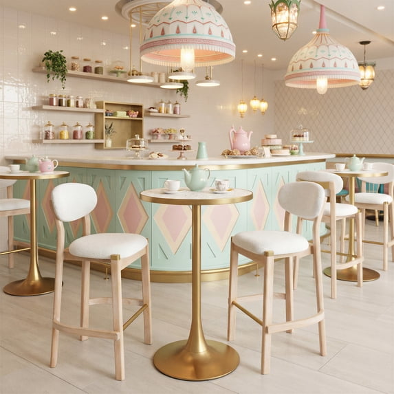 Bite Bar Table Beige & Gold Bar Table, Modern Style, Faux Terrazzo MDF round shape tabletop, Steel, Indoor Bar