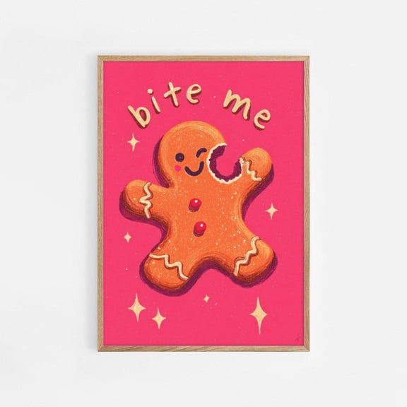 Bite Me Gingerbread Print – Art Print, Playful Kristmas Home Decor, Cute Cookie Illustration, Quirky Idea, # Warm Present Vintage UNFRAMED Poster Size 8x12