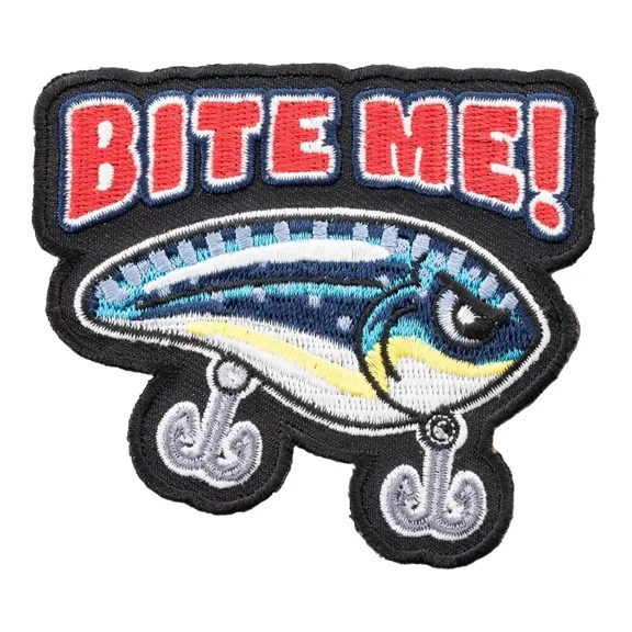Bite Me Angry, Blue, Yellow, Fishing Hook Patch, Fishing Patches, Manufactured by PatchStop
