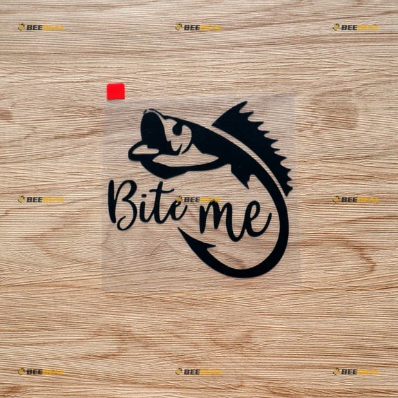 Bite Me Bass Fish Hook Fishing Life Sticker Decal Vinyl - Black 4 Inches - No Background Die Cut for Car Boat Laptop Cup