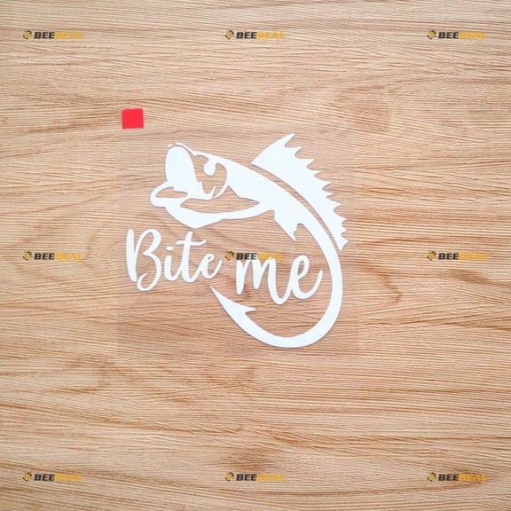 Bite Me Bass Fish Hook Fishing Life Sticker Decal Vinyl - White 4 Inches - No Background Die Cut for Car Boat Laptop Cup