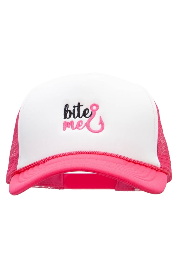 Bite Me Embroidered Foam Panel Mesh Snapback Cap - Pink White OSFM