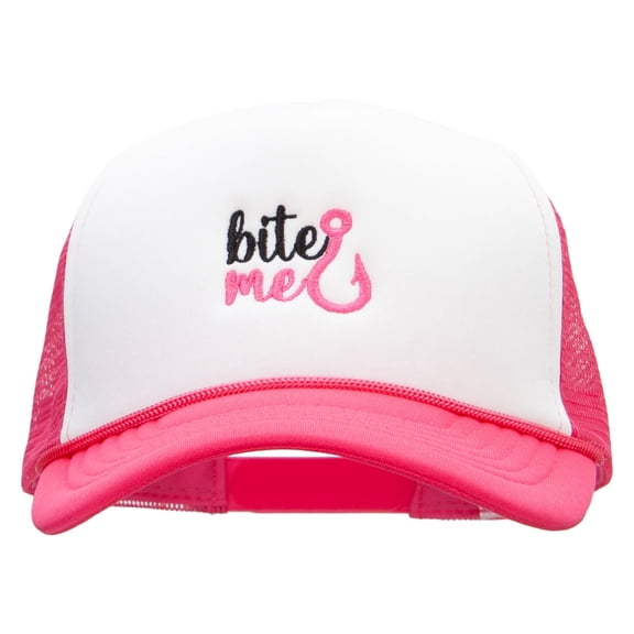 Bite Me Embroidered Foam Panel Mesh Snapback Cap - Pink White OSFM