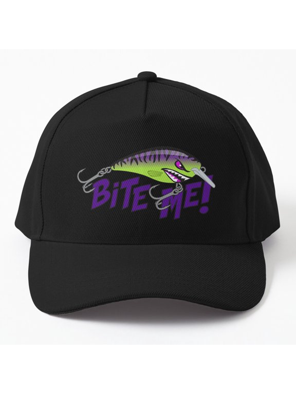 Bite Me Fishing Lure Baseball Hat, Purple Chartreuse Tiger Pattern Angler Design, Classic Cap