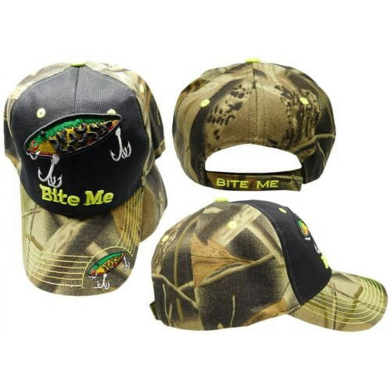 FusionTech Bite Me Fishing Lure Fish Bass Black Front Camouflage Back Embroidered Cap Hat, adult Unisex, Size: One Size