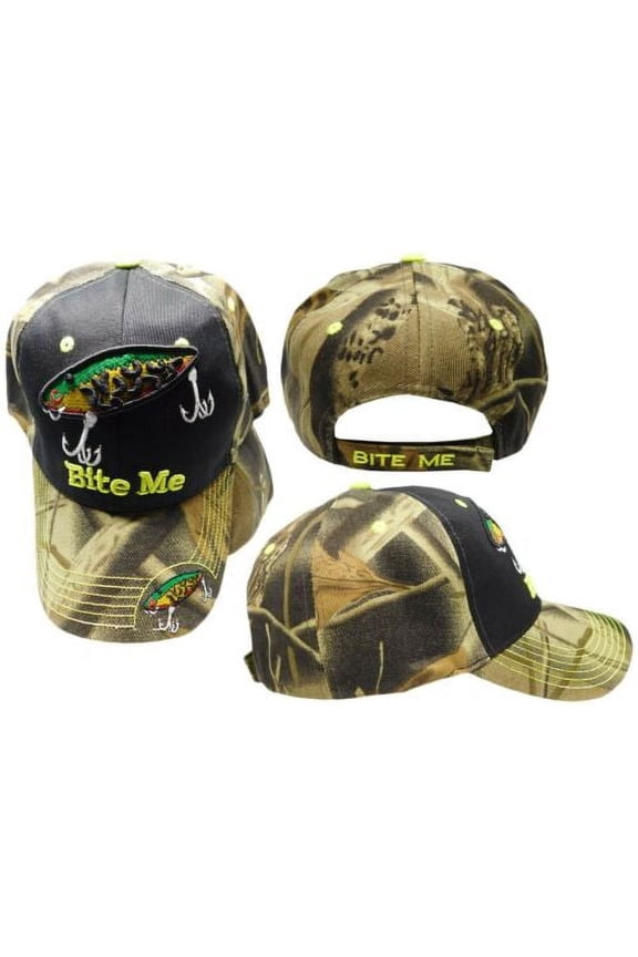 Bite Me Fishing Lure Fish Bass Black Front Camouflage Back Embroidered Cap Hat