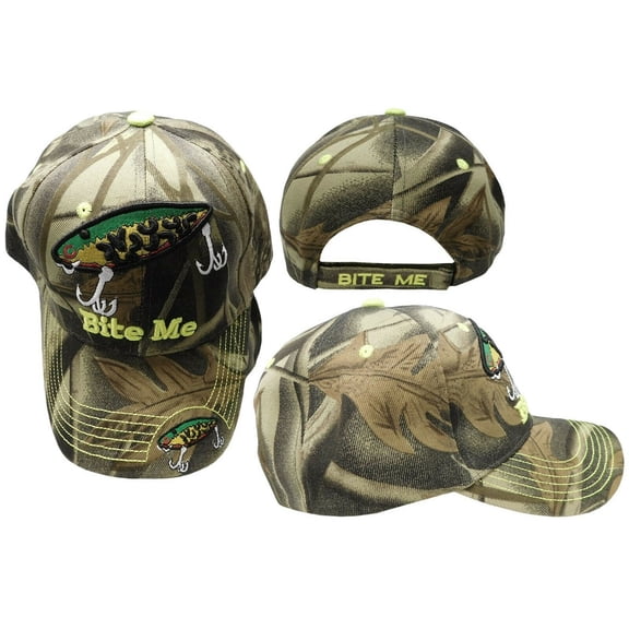 Bite Me Fishing Lure Fish Bass Full Woodland Camouflage Camo Embroidered Cap Hat