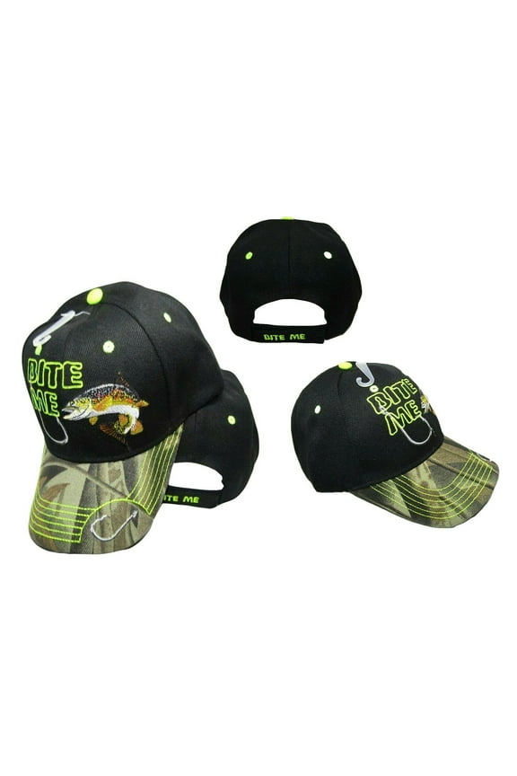 Bite Me Hook Trout Fishing Camouflage Black Front Embroidered Cap CAP925C Hat