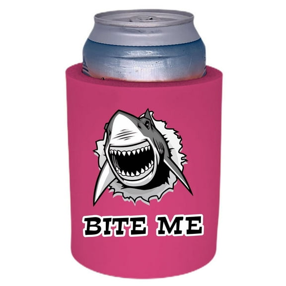 Bite Me Shark Thick Foam Old School Can Coolie (Neon Pink)