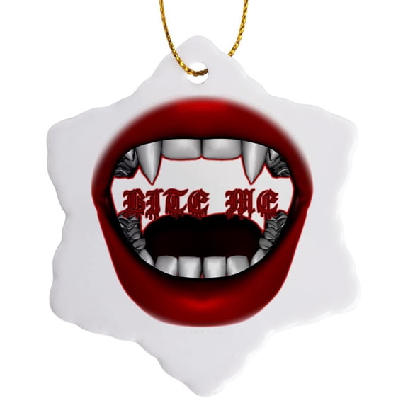 3drose, Bite Me Vampire Goth Fangs Mouth Design on White Background, 3 inch Snowflake Porcelain Ornament