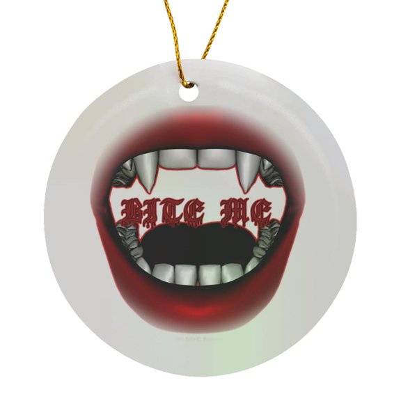 3drose, Bite Me Vampire Goth Fangs Mouth Design on White Background, Circle Porcelain Ornament