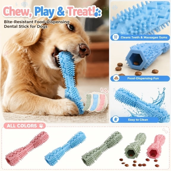 Bite-Resistant Dog Chew Toy Dental Stick, Squeaky Toothbrush with Hexagonal Food-Dispensing Channel, Aggressive Chewer Interactive Treat Toy for Deep Teeth Cleaning & Gum Massage