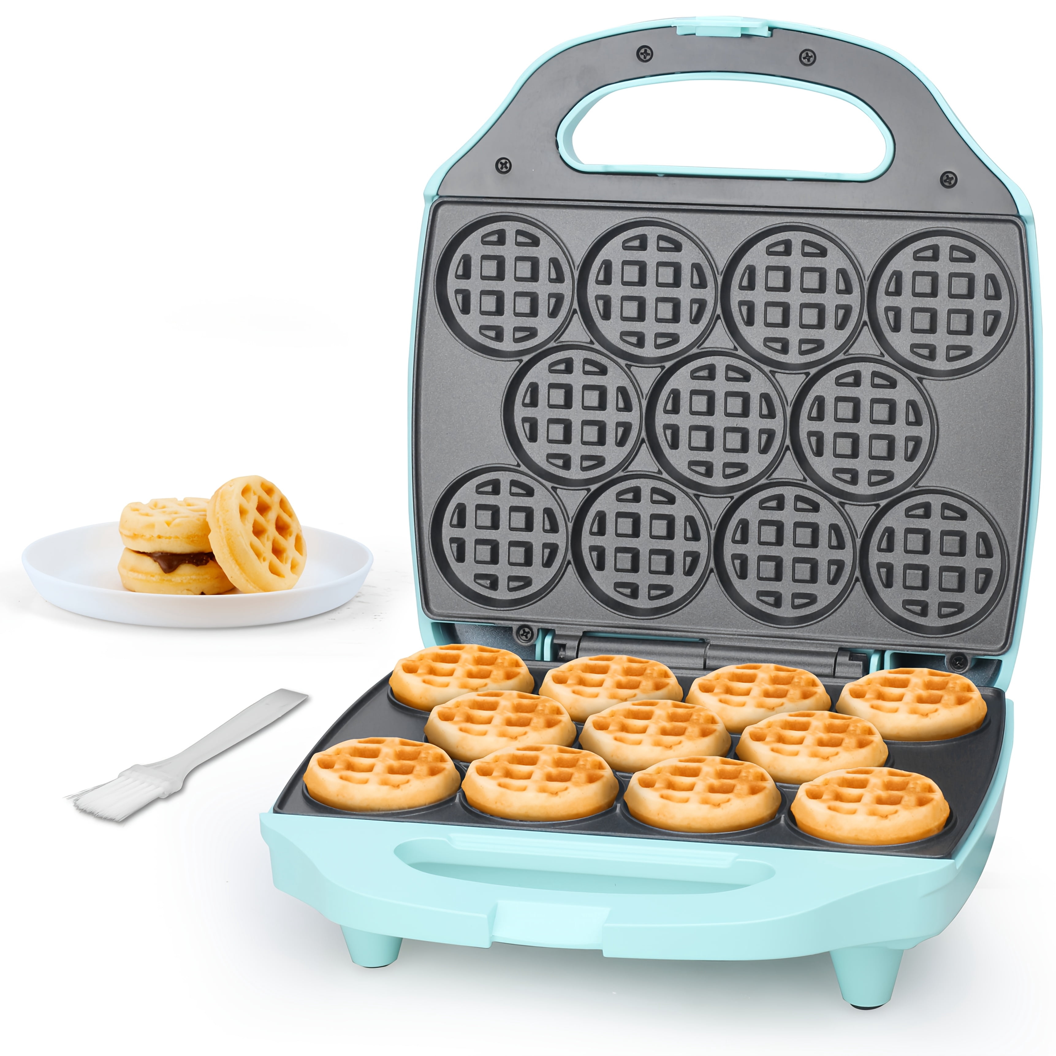 Bite-Size Waffle Maker, Mini Belgian Nonstick Waffle Iron for Kids and Adults, Cute Tiny Waffle Machine, Aqua